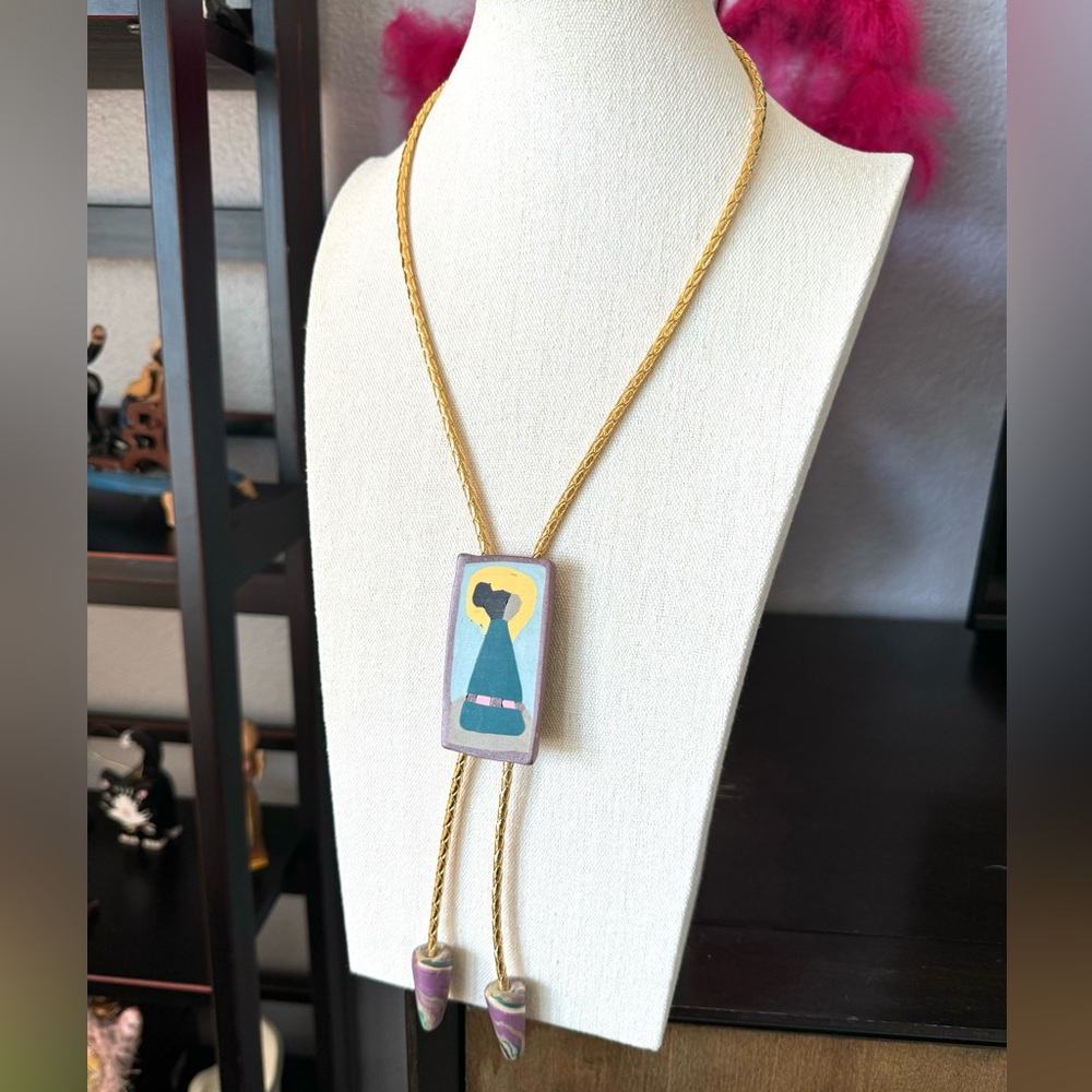 Vintage Artisan Painted Clay Bolo Tie Necklace - Picture 2 of 9
